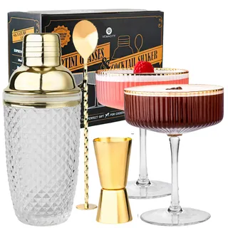 Vemacity Cocktail Set– Glas Cocktail Shaker (500ml) + 2 Espresso Martini Gläser mit Goldrand, Bar Spoon & Jigger | Barkeeper-Set | Cocktailgläser + Cocktailshaker | Ideal für Weihnachten und Neujahr
