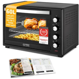 TZS First Austria - Minibackofen 60L 2000W - Mini Backofen Pizzaofen Temperaturregelung bis 230°C & 6 Modi - Geräumiger Miniofen mit 60 Min. Timer, 4 Einschubhöhen, Backblech, Grillrost & Drehspieß