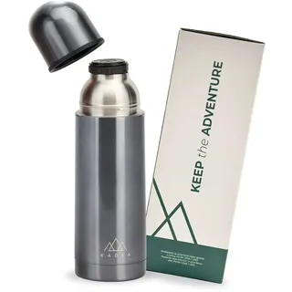 KADVA Thermoskanne VULCAN in Silber Fassungsvermögen 750 ml Leichter und kompakter Edelstahl BPA-freier Deckel und Becher 2 in 1 Vakuum-Isolierung Thermoskanne hält warm und kalt Stylisches Design