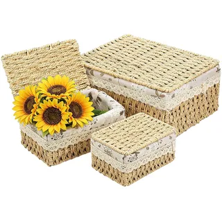 Geflochtener Aufbewahrungskorb mit Futter, 3 Stück Korb mit Deckel | Korb Geflochten, Brotkorb Geflochten mit Deckel, Brotkorb Rattan Aufbewahrungskorb für Küche Bad Schlafzimmer Balkon (Jute)