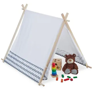 Relaxdays Tipi Zelt für Kinder, mit Fenster, Kinderzimmer Zelt, Wigwam Kinderzelt, HxBxT: 92 x 92 x 120 cm, weiß-grau