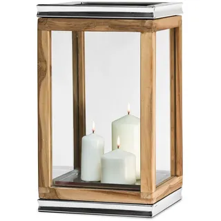 EDZARD Laterne Dubai, Teakholz, Edelstahl vernickelt, Höhe 44 cm, Grundfläche 26 x 26 cm, Gewicht 4,7 kg - Hochwertige Gartenlaterne aus Holz, Windlicht, Gartendeko
