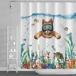 SDOTPMT 122x183cm Lustige Katze Schwimmen im Unterwasser Duschvorhang Ozean Welt Meer Schildkröte Tintenfisch Fisch Seegras Badevorhang für Kinder Kinder Badezimmer Vorhang mit Haken