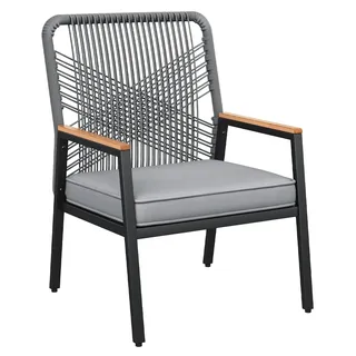 Gartenstühle aus Polyrattan - 2er Set Sessel - Metallgestell - 8 cm dicke Sitzkissen - Für Balkon und Terrasse - Schwarz/Grau