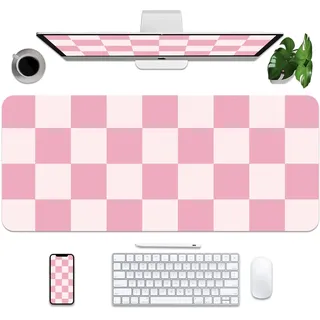 BLESWIN Leder-Mauspad-Schutz, große Schreibtischmatte mit PU-Leder, rutschfeste Schreibtischunterlage, wasserdichte Schreibtisch-Schreibunterlage für Büro und Zuhause (rosa kariert, 35.4 x 15.7 in)