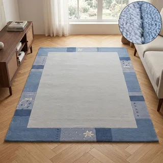 Wollteppich THEKO "Royal Ganges", blau (hellblau), B:120cm H:13mm L:180cm, Viskose, Wolle, Teppiche, Wollteppich, 95% Wolle, mit Bordüre, auch in rund, Wohnzimmer, Schlafzimmer