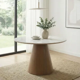 WOHNLING Esstisch rund 120 cm Esszimmertisch modern Küchentisch Sinterstein Weiß Marmor Optik Metallgestell Design Tisch Essbereich 6 Personen - Braun
