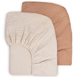 Susurration 100% Baumwolle Musselin-Spannbettlaken 2er Set Kinder Spannbettlaken,Baby-Bettlaken Reisebett Spannlaken Beistellbett Leintücher 60x120cm (Beige Farbene)