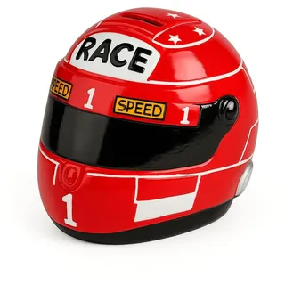 Keramik Spardose Motorradhelm – Racing Helm Sparbüchse – Geschenk für Motorrad- & Motorsport-Fans – Handbemalt – Schwarz/Rot – 14×11×11 cm (1, Rot)