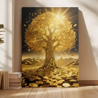 XBTYKPB Goldener Geldbaum auf Leinwand: Feng Shui-Dekoration für Wohlstand, Drucke und Poster, Wandbilder für Wohnzimmer und Heimdekoration (70 x 100 cm/Innenrahmen)