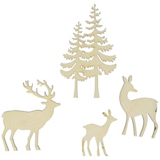 Rayher Holzmotive Hirsch/Reh/Baum, Holz FSC zertifiziert, 4-teilig, 4 – 8 cm, Stärke 5 mm, Streudeko, Holzdeko Weihnachten, 46584505