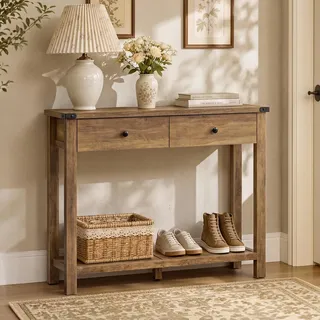 VASAGLE Konsolentisch Schmal, Flurtisch aus Holz, Beistelltisch mit Schubladen, 24 x 100 x 76 cm, Erdbraun, für Flur und Wohnzimmer, Farmhouse, LIRY Kollektion LNT141K101