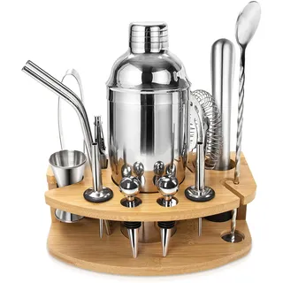 Cocktail Shaker Set, Edelstahl Cocktail Set, 14-teiliges Barkeeper Kit Barzubehör, Cocktails Mixer Set mit Holzständer, 750ML Cocktail Geschenk Set für Zuhause oder die Bar.