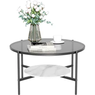 WISFOR rund Couchtisch aus gehärtetes Glas+Marmor+Metall, Wohnzimmertisch Glastisch Sofatisch, mit 2 Ablagen Modern Design, Grau - Grau