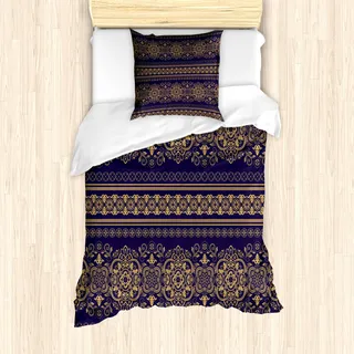 ABAKUHAUS Türkisch-Muster Mantele, Damast-Grenze, Milbensicher Allergiker geeignet mit Kissenbezügen, 135 cm x 200 cm - 80 x 80 cm, Sand Brown Indigo
