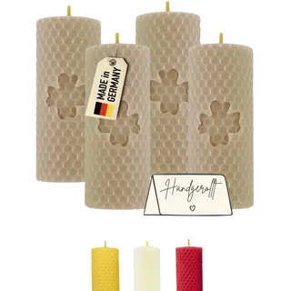 Wachsmann Stumpenkerzen beige Glück – 100% Bienenwachs - Weihnachten & Geschenk - handgerollt, Made in Germany – 4er-Set Bienenwachskerzen (4×10 cm, 6 Stunden Brenndauer)