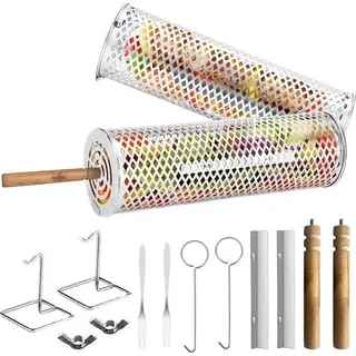 Handfassung für Grillmeister mit kreisförmiger Öffnung und Grillgabel - mobile Grillbox für Außenbarbecue - Edelstahl - 2 Stück