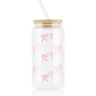 Yukaiwn Bogen Glasbecher-Set, 473 ml Rosa Niedlicher Becher mit Glasstrohhalm und Holzdeckel Elegante Transparente Niedliche Kaffeetassen Ästhetische Geschenke für Frauen Mädchen Freundinnen (Rosa