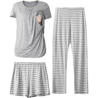SUNNYBUY Damen Umstandsmode Stillpyjama-Set, 3-teiliges Schlafanzug Set | Kurzarm-Stillshirts, Schwangerschafts-Shorts & Hosen für jede Jahreszeit, Lounge Set Für Tag & Nacht
