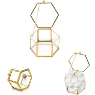 Hudiepan Schmuckkästchen aus Glas, transparent, geometrisch sechseckig, dekorativ zur Aufbewahrung und Präsentation von Halsketten, Glas, Messing und Metall