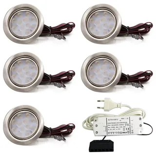 FuturaTrends vislux 5er Set LED Möbelleuchte Einbaustrahler Edelstahl Gebürstet flach 3W warmweiß 3200K 200lm 12V + 15W LED Trafo 230V für das Wohnzimmer, Küche und Bad