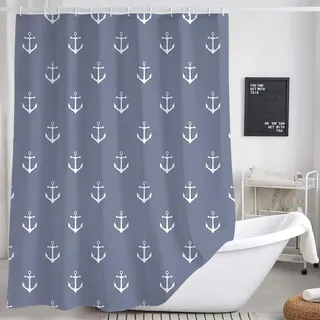 DYNH Duschvorhang aus Stoff, Motiv Nautischer Anker, Blau und Weiß, dekoratives Duschvorhang-Set, WC-Dekorationszubehör, Haken inklusive, 183 x 183 cm