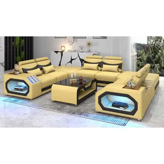 Design Wohnlandschaft Großes Sofa XXL U Form Ecksofa Ledersofa Rot LED JVmoebel - Beige