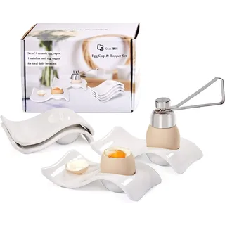 ChasBete Eierbecher 4er Set Keramik Eierhalter + gekochte Eierschneider Weiß Eierbecher Dekor für Frühstück und Brunch