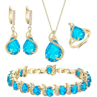 EVER FAITH 4 Stück Tropfen Cubic Zirconia Schmuck Set Glamour Anhänger Halskette Ohrringe Tennis Armband und Offener Ring für Damen Hochzeit Party Himmelblau Gold-Tone