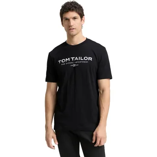 T-Shirt TOM TAILOR, Herren, Gr. M, schwarz, Single Jersey, Obermaterial: 100% Baumwolle, bedruckt, regular fit hüftbedeckend, Rundhals, abgesteppte Kante, Shirts T-Shirt, Sommershirt mit Frontprint