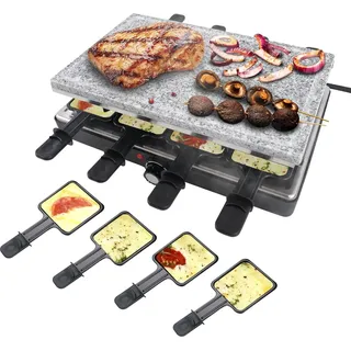 YUENFONG Raclette Grill mit Naturgrillstein, Elektro Tischgrill für 8 Personen, antihaftbeschichteter Grillplatte, 8 Pfannen & 8 Holzspatel für Indoor Grillgut, Mini Grill 1400W, Schwarz - Schwarz