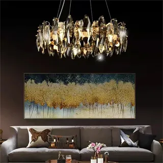 CRABOT LED Abnehmbare E14 Glühbirne Wohnzimmerlampe Vintage Küchenlampen Hängelampe Lampe Schlafzimmer Modern Gold Pendelleuchte Industriel Deckenleuchte Kronleuchter Kristall, 9-Flammig(Runden)