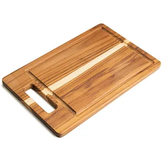 Erreke Schneidebrett Holz mit Auffangschale, Natur-Teakholz 39 cm Lang, Holzbrett Küche zum Servieren Käse und Brot Hackbretter 35x25x1.8 cm (Saftrille)