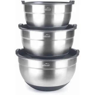 LACOR - 60051 - Set mit 3 Edelstahlschalen, Schüsseln, Salatschüsseln, Lebensmittelbehälter, Inklusive Deckel, Stapelbar, Größen: 20 cm 3 L, 22 cm 3.8 L und 24 cm 4.8 L
