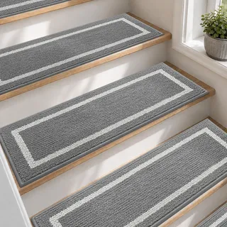 COSY HOMEER 15 Stück Treppenstufen Matten 70x22cm, Grau | Stufenmatten innen, melierte Struktur mit hellem Rahmen, TPE-Rücken ohne Klebeband, rutschfest, waschbar