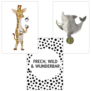 Olgs Babyzimmer Bilder 3er Set | Kinderzimmer Deko Poster DIN A4 | Wandbilder Frech Wild Wunderbar Premium | Tiere Wandposter Mädchen Junge | Giraffe Hai