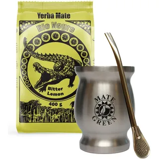 Yerba Mate-Tee Set mit Yerba Mate Rio Negro Bitter Lemon 400g ● Argentinien Yerba Mate Tee mit Zitrone ● Edelstahl Thermobecher Silver 230 ml ● Edelstahl Trinkhalm Bombilla 19cm