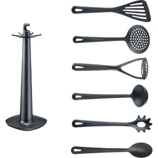 Westmark Drehständer Gentle mit Kartoffelstampfer, Brat- u. Gemüselöffel, Spaghettilöffel, Suppenkelle, Schaumlöffel und Wender – Schwarz, Set 7-teilig