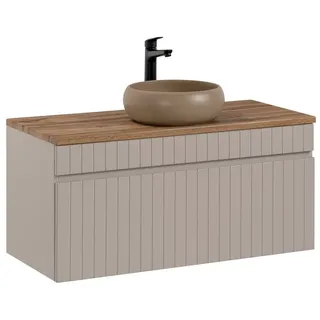 Lomadox Waschtisch Unterschrank 100 cm Keramik Aufsatzwaschbecken IRAKLIO-56-CASHMERE Kaschmir Eiche Nb. b/h/t ca. 100,4/60,5/46 cm