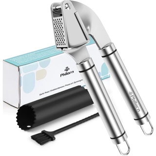 Philorn Knoblauchpresse Edelstahl profi Küchenhelfer - Premium Garlic Press, Ingwerpresse mit knoblauch schäler & Reinigungsbürsten - Extra Stark & Strapazierfähig - Knoblauchpressen Spülmaschinenfest