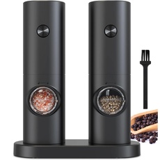 COKUNST Elektrische Salz und Pfeffermühlen Set, Batteriebetrieben Schwarze Pfeffermühle mit Basis, 5 Grobstufen Verstellbar, Automatisches Mahlen mit LED-Licht für BBQ Restaurant Küche