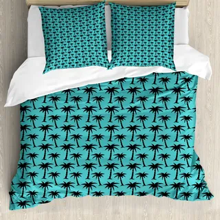 ABAKUHAUS Palme Bettbezug, Silhouetten auf Blau, Milbensicher Allergiker geeignet mit Kissenbezügen, 155 cm x 220 cm - 80 x 80 cm, Turquoise Schwarz - Blau
