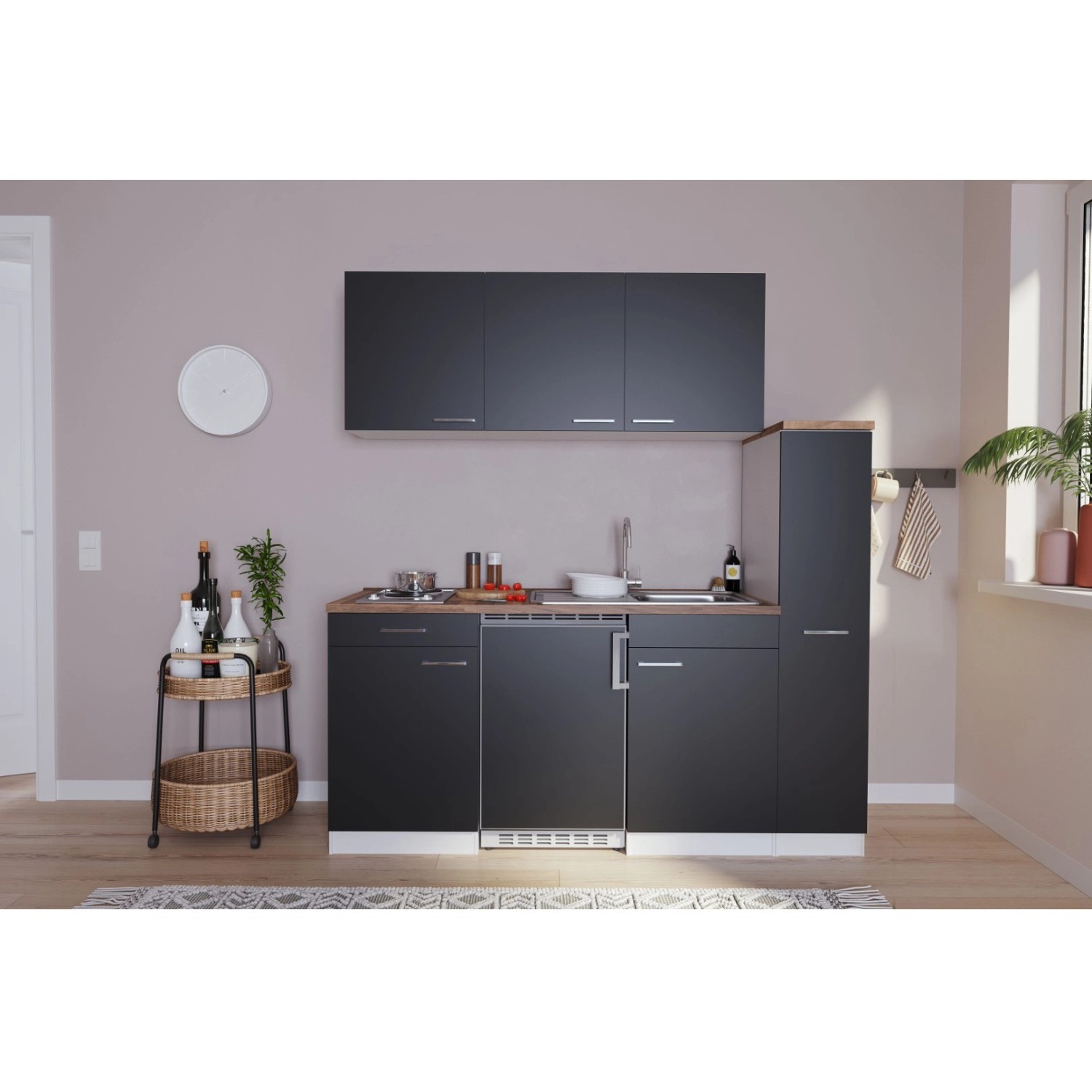 Bild von Küchenzeile Luis E-Geräte 180 cm mit Edelstahlkochmulde schwarz/weiß