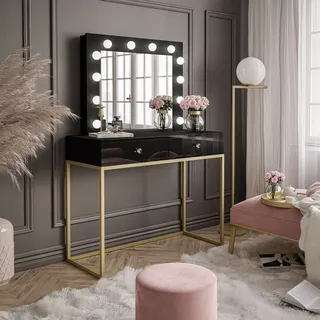 Schminktisch BLANCO GOLD mit Spiegel und LED-Beleuchtung Gold matt / Schwarz hochglanz Griff: weißes Kristall - Schwarz