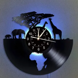 Vinyl Wanduhr, Afrika - Safari Tiere 7 Farbe Nachttischlampe Retro Wanduhr, South African Tier Geschenke handgemachte Hauptwanddekor,A,with Light