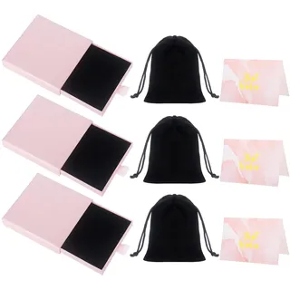 Nideen Schmuckbox für Armbänder kleine Geschenkbox Schmuck 3er Set, Kleine Schmuckkästchen mit Samtbeutel & Karte (Rosa)