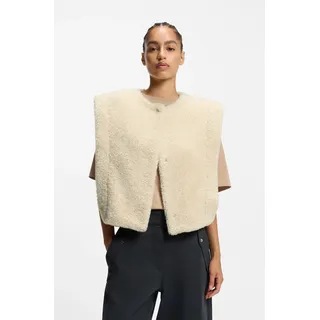 Fellimitatweste BOSS ORANGE "Cosila Premium Damenmode", Damen, Gr. 40, open beige 284, Web, Obermaterial: 100% Polyester, unifarben, hüftlang, Rundhals, Westen Fellimitatweste, im Teddy-Look, verdeckter Verschluss