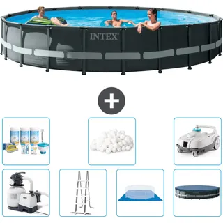 Intex Round Ultra XTR Frame Swimming Pool – 610 x 122 cm – inklusive Pumpe – Leiter – Bodenplane – Abdeckung Wartungspaket - Filterbälle - Staubsauger
