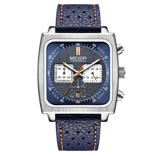 FORSINING Herren-Armbanduhr, Quarz, analog, Datumsanzeige, echtes Lederarmband, quadratisches Zifferblatt, wasserdicht, Blau, Armband