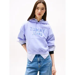 Kapuzensweatshirt TOMMY JEANS "TJW BXY CRP VARSITY HOODIE", Damen, Gr. XL (42), vintage iris, Sweatware, Obermaterial: 100% Baumwolle, bedruckt, Sweatshirts Kapuzensweatshirt